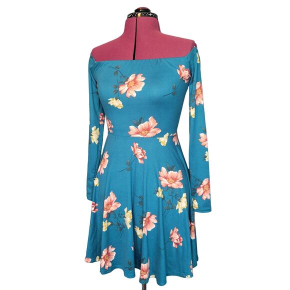 Nine Britton Maxon Brushed Knit Teal Blue Multi Floral Off The Shoulders Dress S - Picture 1 of 5